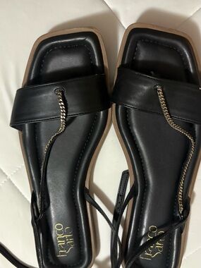 Franco Sarto Black Leather Chain-Tie Flat Sandals